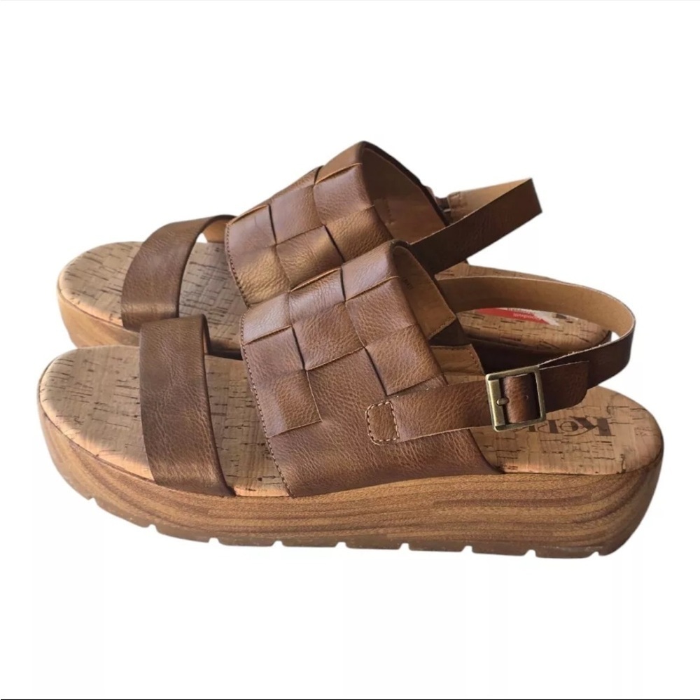 Korks Kork Ease Wegde Sandals 11M Fraya Brown Faux Leather Lug Platform New